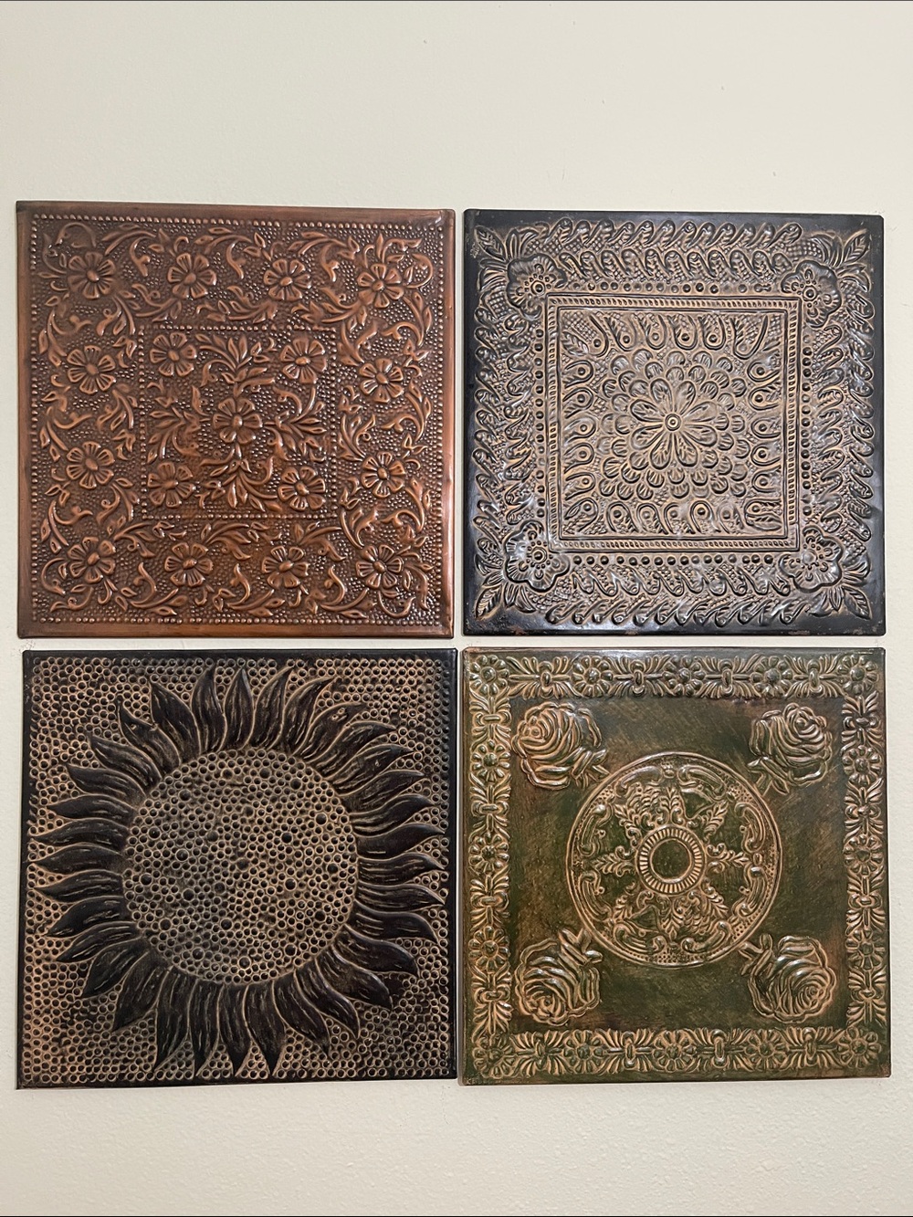 Vintage-Style Metal Wall Tile Set in Bronze and Green - Home Wall Art